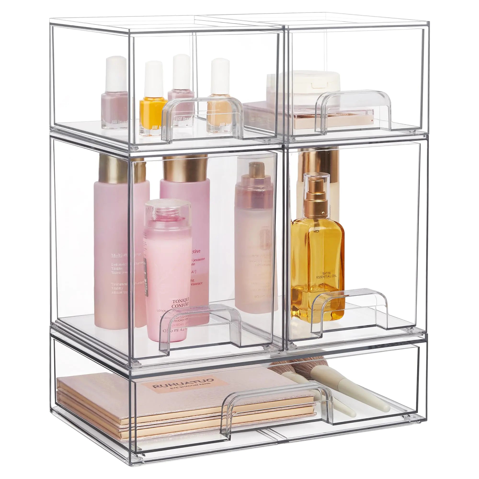 Stackable Storage Drawers Set of 5 Clear Plastic Organizer Bins for Beauty Supplies - Ideal for Vanity BathroomCabinetPantry Organization
