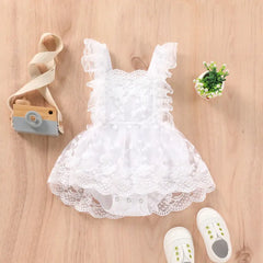 Princess Floral Lace Romper for Baby Girls with Adjustable Straps