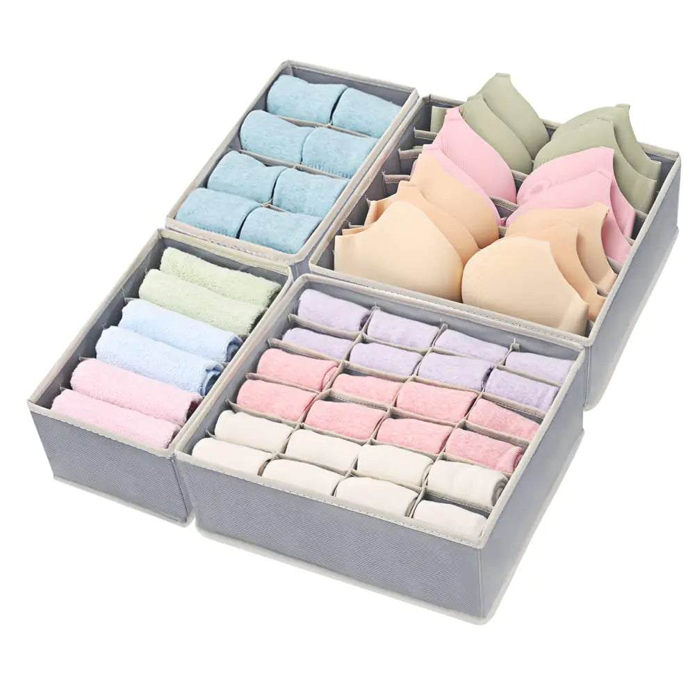 4 Pack Foldable Underwear and Bras Drawer Organizers Fabric Closet Dresser Drawers Organizers Dividers Clothing Storage Organizers Box for Lingerie Panties Socks BriefsTies Gray