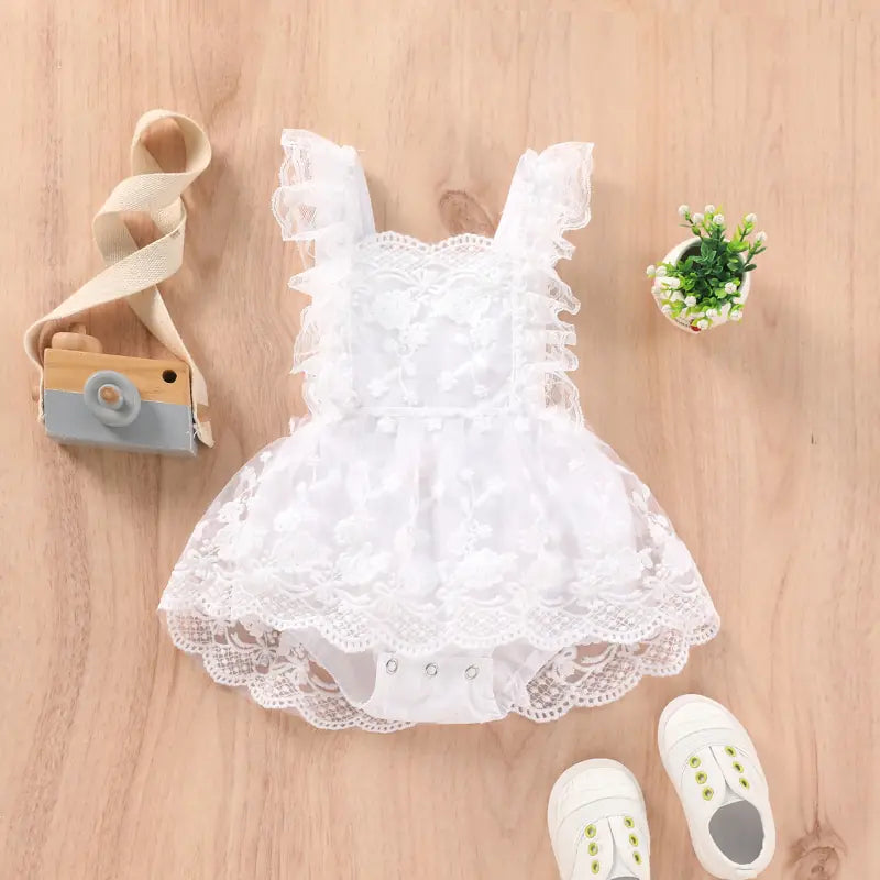 Princess Floral Lace Romper for Baby Girls with Adjustable Straps
