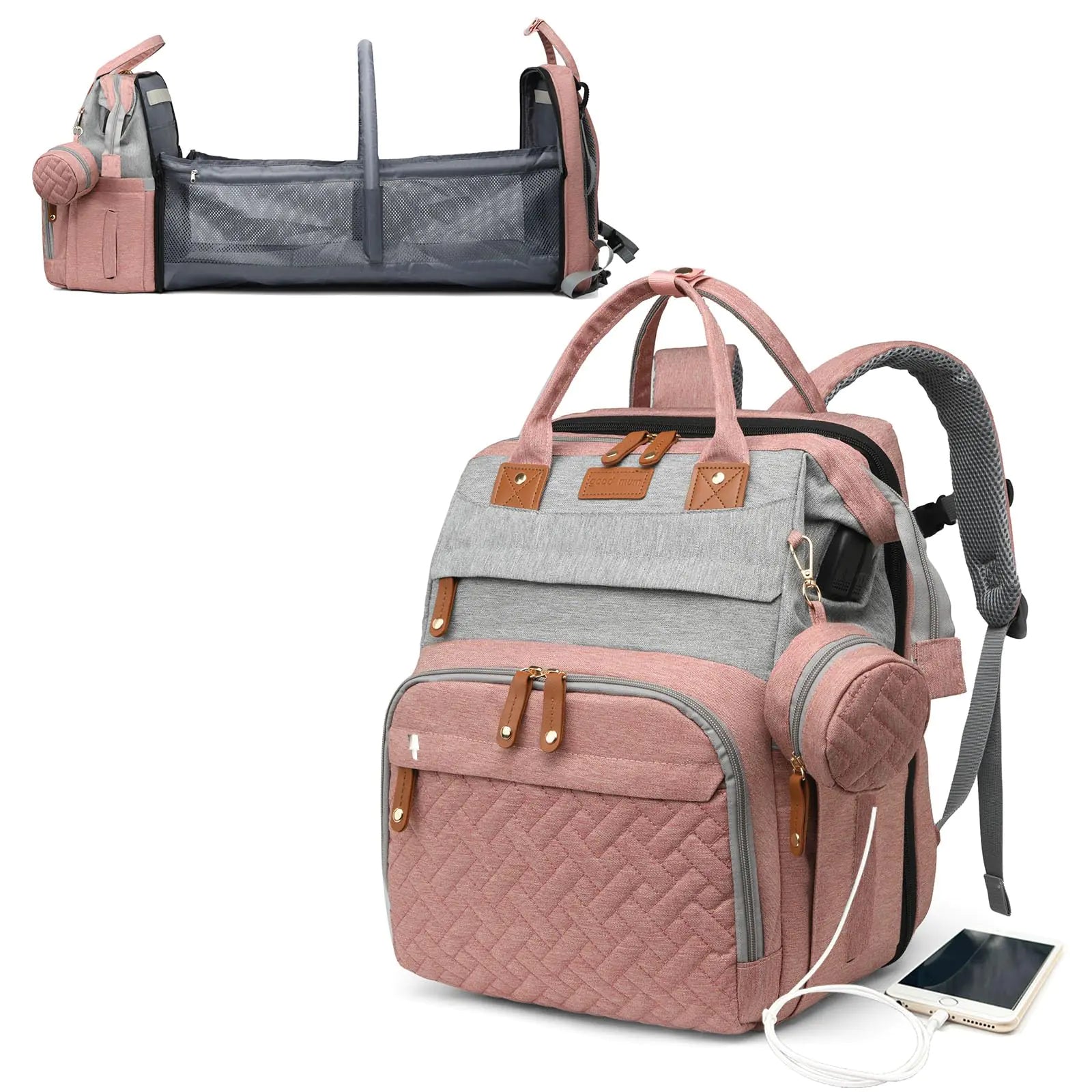 Baby Diaper Bags - Waterproof - USB Charging Port Baby Shower Gifts Large Capacity diaper backpack Grey Pink